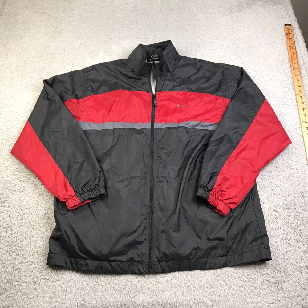 Nike Jacket Mens M Black/Red Striped Lined Windbreaker Swoosh Logo Vintage Y2K